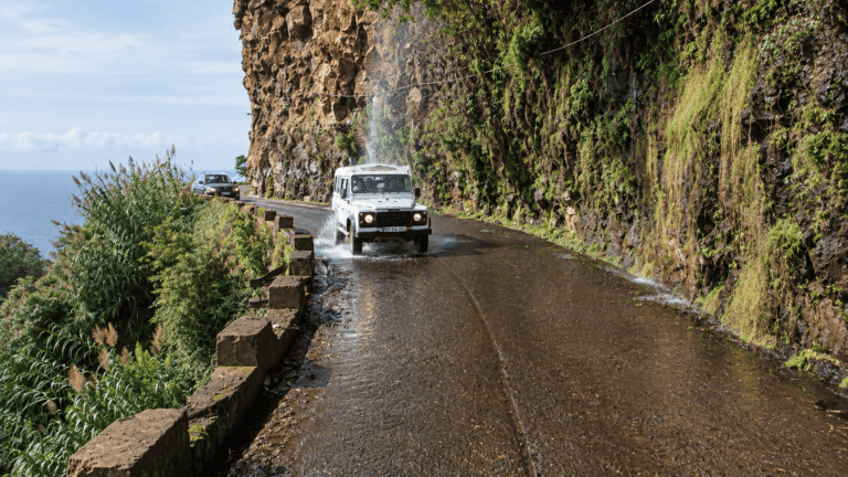 Jeep tour beside a waterfall in Madeira