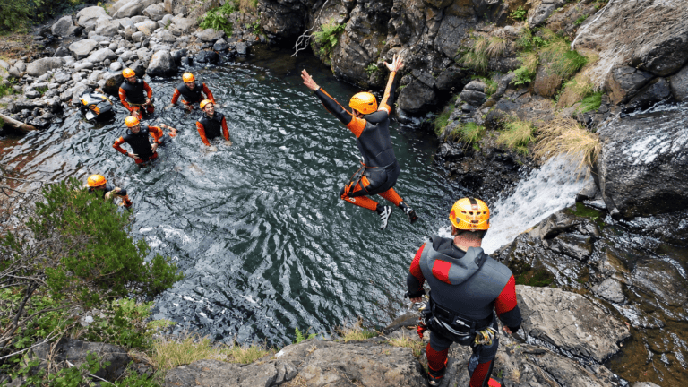 Canyoning jump into a natural pool in Madeira