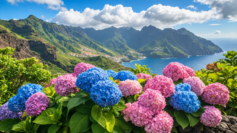 Hydrangeas overlooking Madeira's mountain coastline